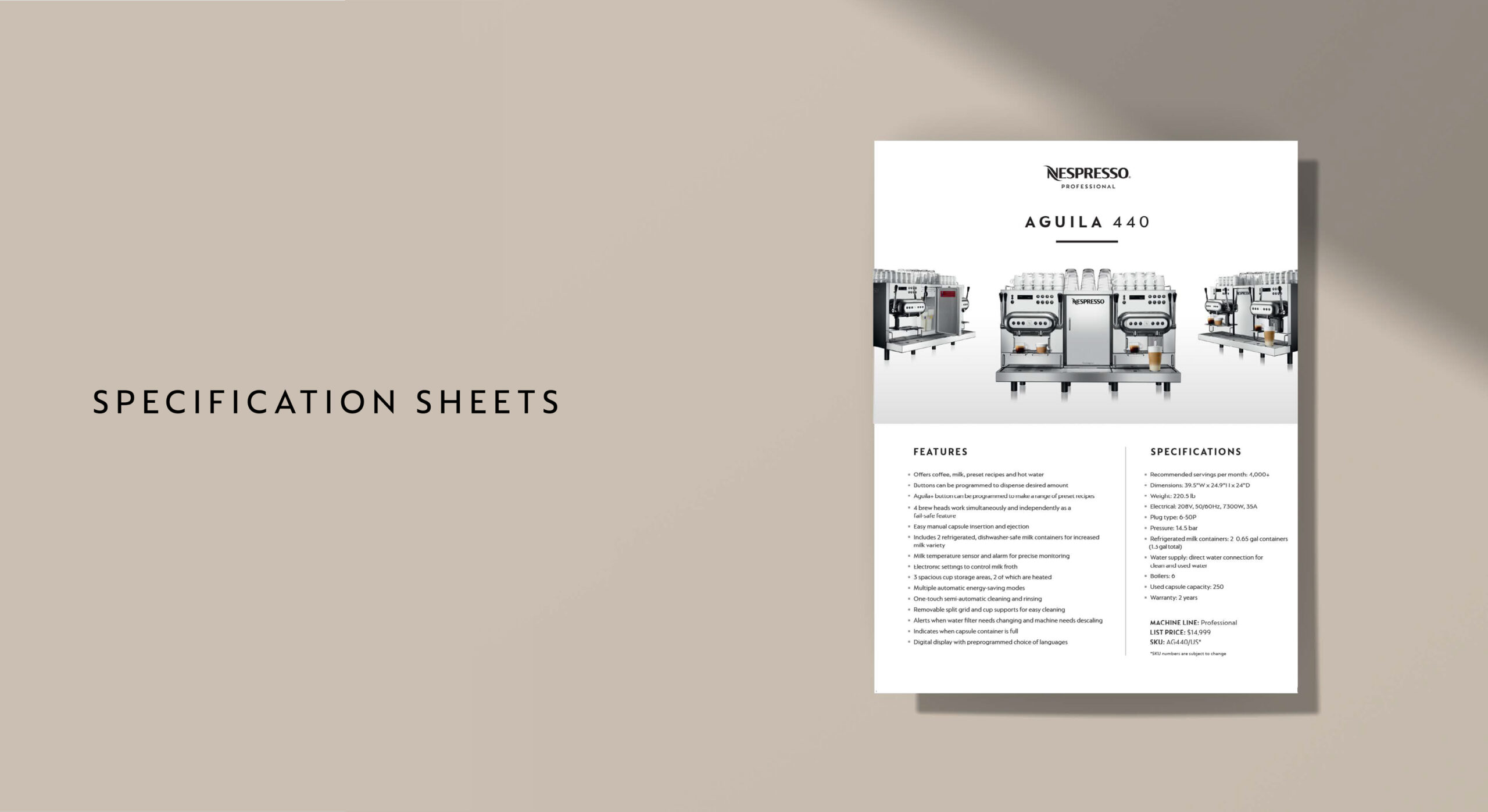Spec sheet design for Nespresso