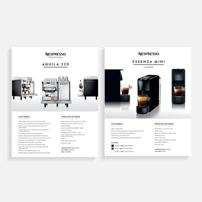 Spec sheet designs for Nespresso