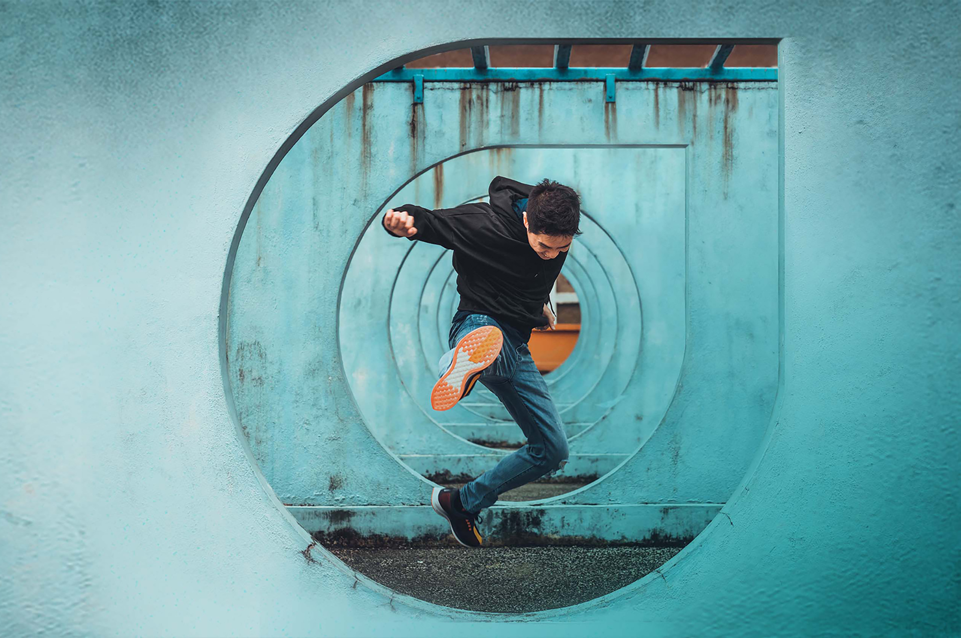 Retouched photo of man jumping